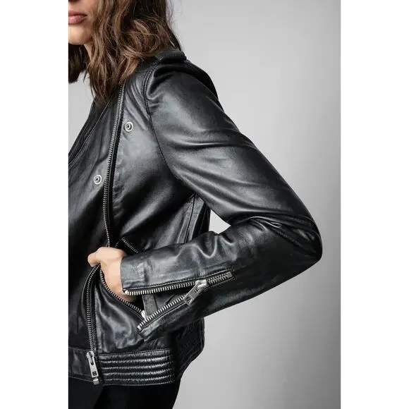 Zadig & Voltaire Loon Spi Biker Jacket Womens Small Black Lamb Leather‎ NWT - Picture 3 of 16